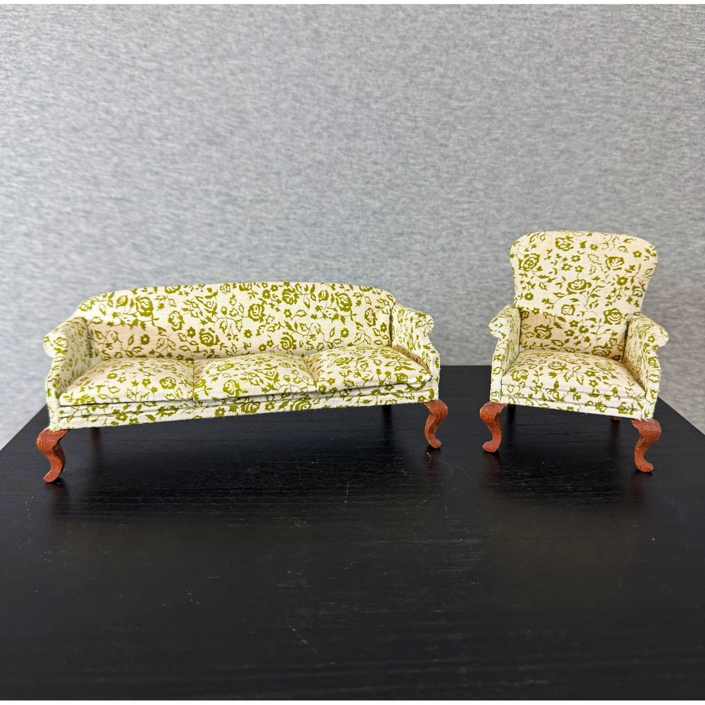 Dollhouse Miniature 1:12 Living Room Set Floral Sofa & Armchair Wood Legs